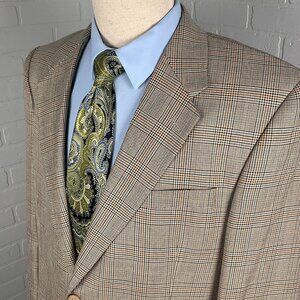 Aldolfo Blazer Men 44L Tan Rust Pince Edward Plaid Classic Wool Silk‎ Jacket